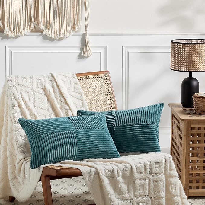 Fancy Homi 2 Packs Teal Lumbar Decorative Throw Pillow Covers 16x28 Inch for Living Room Couch Bed Sofa, Rustic Farmhouse Boho Home Decor, Soft Striped Corduroy Rectangle Accent Cushion Case 40x70 cm