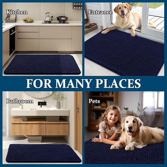 OLANLY Dog Door Mat for Muddy Paws 59x35, Absorbs Moisture and Dirt, Absorbent Non-Slip Washable Doormat, Quick Dry Chenille Mud Mat for Dogs, Entry Indoor Entryway Carpet for Inside Floor, Navy Blue