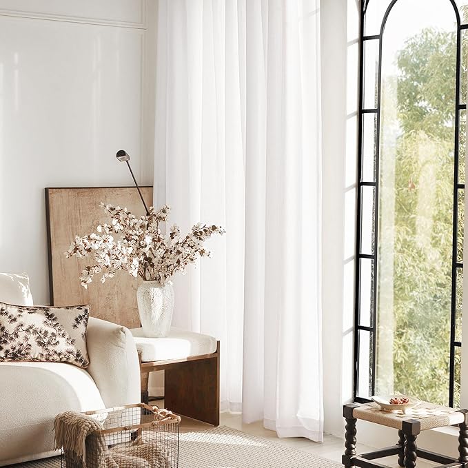 White Curtains 102 inches Long 2 Panels Back Tab Light Filtering Cotton Textured Curtain Modern Farmhouse Coastal Decor Off White Linen Drapes 102 inch Length for Patio Sliding Door Office 42x102