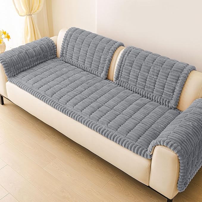 hyha Couch Covers for Dogs Washable, Non Slip Plush Dog Sofa Protectors, Fuzzy Pet Couch Covers for 3 Cushion Sofa Pet Friendly (Grey, 27.6" x 47")