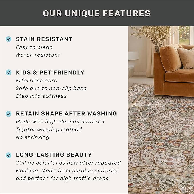 5x7 Washable Moss Green Oriental Area Rug for Living Room - Dining Room Rugs for Under Table, Home Office, Low Pile Non-Slip Floor Carpet for Bedroom - Vintage Brown Design & Stain Resistance