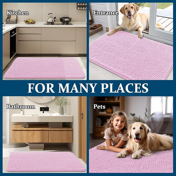 OLANLY Dog Door Mat for Muddy Paws 35x24, Absorbs Moisture and Dirt, Absorbent Non-Slip Washable Doormat, Quick Dry Chenille Mud Mat for Dogs, Entry Indoor Entryway Carpet for Inside Floor, Pink