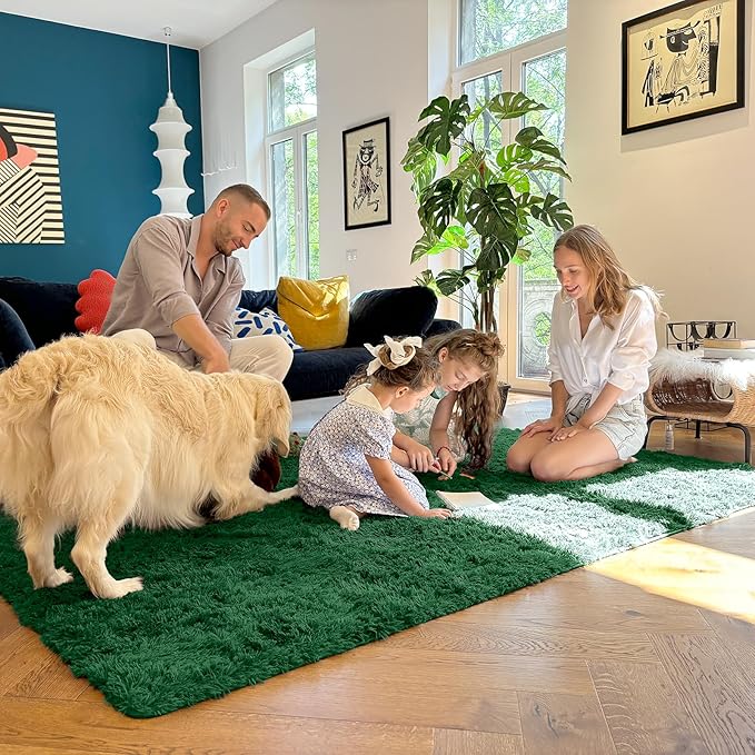OLANLY 8x10 Machine Washable Large Area Rugs for Living Room, Bedroom, Soft Fluffy Shaggy Bedside Rug, Indoor Floor Carpet for Kids Girls and Boys, Dorms, Nursery, Home Decor Aesthetic, Dark Green