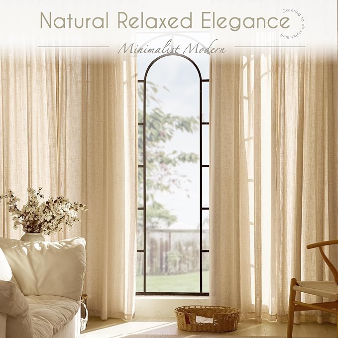 Tan Linen Curtains 120 inches Long for Living Room Back Tab Rustic Farmhouse Semi Sheer Light Filtering Window Curtain Dining Room Soft Thick Flax Linen Textured Drapes Kahki 52x120
