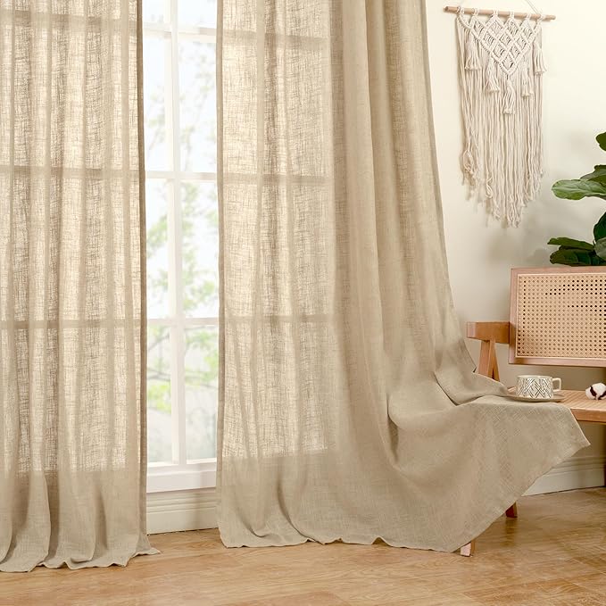 LAMIT Semi Sheer Short Linen Curtains 24 Inch Long, Light Filtering Panels Back Tab and Rod Pocket Neutral Drapes for Cafe/Bathroom/Small Window, Brown, 2 Panels, 34 x 24 Inch