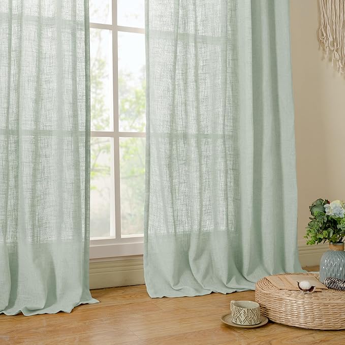 LAMIT Living Room Linen Curtains 95 Inch for Bedroom, Back Tab and Rod Pocket Linen Textured Sheer Curtains Light Filtering Burlap Drapes for Farmhouse, 2 Panels, 52 x 95 Inch, Light Sage