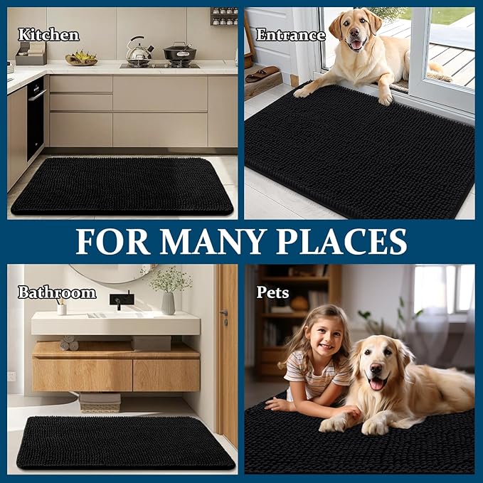 OLANLY Dog Door Mat for Muddy Paws 70x46, Absorbs Moisture and Dirt, Absorbent Non-Slip Washable Doormat, Quick Dry Chenille Mud Mat for Dogs, Entry Indoor Entryway Carpet for Inside Floor, Black