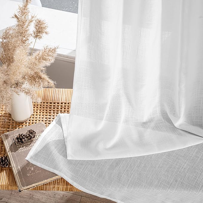 MIULEE White Linen Curtains 72 Inch Length 2 Panels for Bedroom Living Room, Soft Thick Linen Textured Back Tab Window Drapes Semi Sheer Light Filtering Rod Pocket Modern Farmhouse Decor