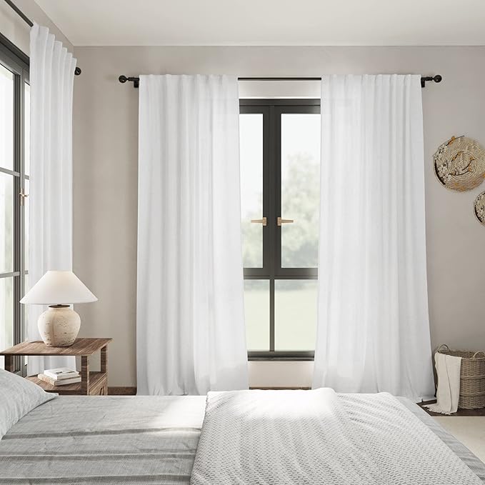 Solid White Curtains 96 Inches Long 2 Panels Back Tab Sheer Linen Curtain Modern Farmhouse Coastal Decor Off White Cotton Textured Curtains 96 inch Length for Patio Sliding Door Office Bedroom