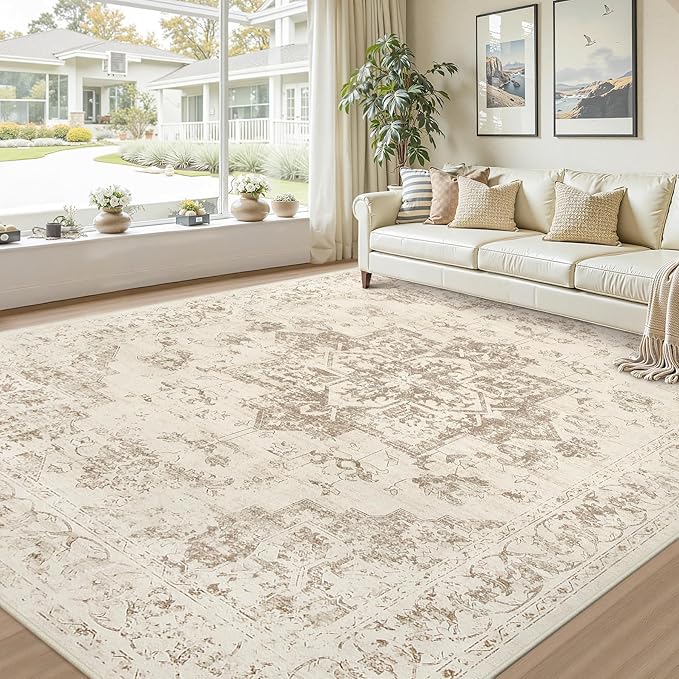 8x10 Area Rugs for Living Room: Vintage Boho Neutral Washable Rug Indoor Soft Large Area Rug Carpet for Bedroom Nursery Farmhouse Dining Room Office Floor Non-Slip Low Pile Under Table Rug Beige/Ivory