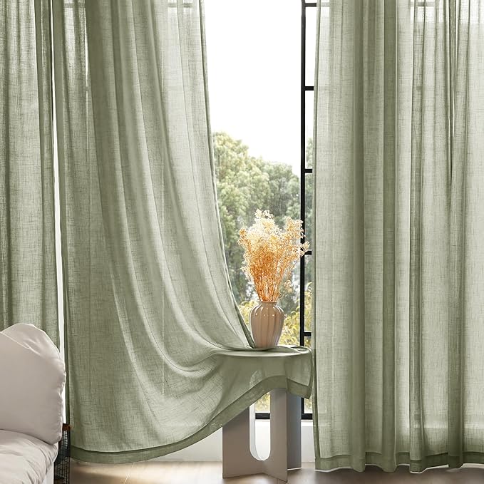 Linen Blend Sage Green Curtains 120 inch Length 2 Panels for Bedroom Back Tab Light Filtering Semi Sheer Drapes Linen Cotton Textured Light Green Airy Modern Farmhouse Living Room Sage Aesthetic Decor