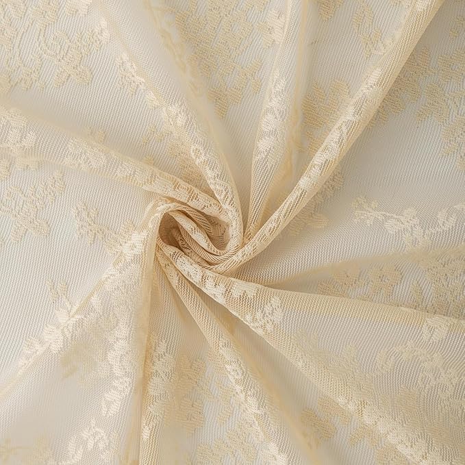 YJ YANJUN Vintage Lace Curtains 30 Inch Length- Cottage Floral Short Beige Kitchen Cafe Curtains 2 Panles,Light Filtering Rod Pocket, Small Window Sheer for Bathroom Laundry Room 26x30 Inch