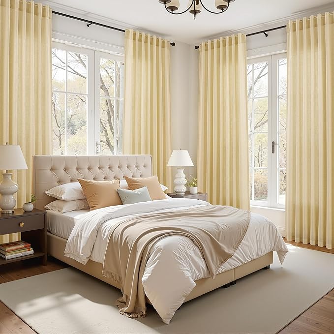 Nanspring Cream Yellow Curtains 120 Inches Long for Living Room Linen Modern Farmhouse Sheer Curtains Back Tab and Rod Pocket Extra Long Floor to Ceiling Curtain for Bedroom Office 52x120, 2 Panels
