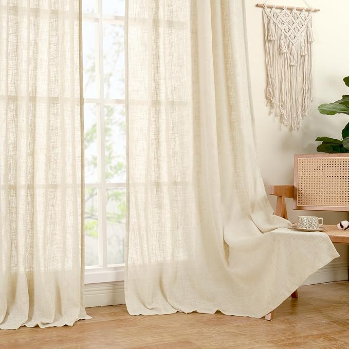 LAMIT Semi Sheer Beige Linen Curtains 36 Inch Length 2 Panels, Light Filtering Panels Back Tab and Rod Pocket Neutral Drapes for Bathroom/Kitchen/Loft Room, 25 x 36 Inch