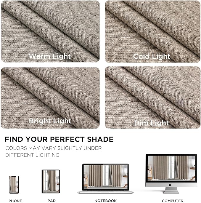Joydeco 100% Blackout Curtains for Bedroom,Natural Linen Curtains, Thermal Insulated Linen Light Blocking Drapes, Rod Pocket & Back Tabs, Darkening Privacy for Living Room, 52" W x 96" L (Pack of 2)