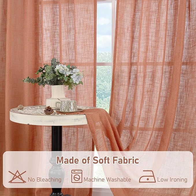 LAMIT Semi Sheer Linen Curtains 36 Inch Length 2 Panels, Light Filtering Panels Back Tab and Rod Pocket Neutral Drapes for Bathroom/Kitchen/Loft Room, Terracotta, 25 x 36 Inch