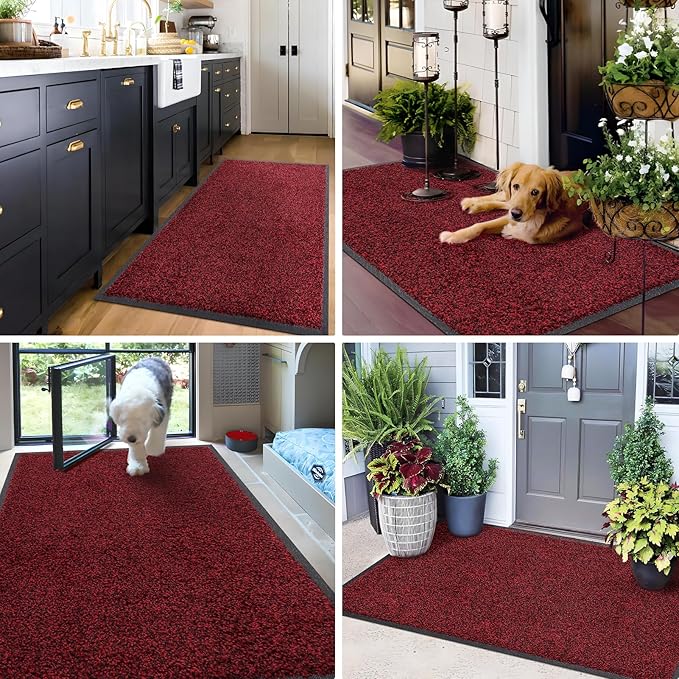 Mibao Front Door Mat, Dirt Trapper Welcome Mat for Outdoor Indoor, Non-Slip Waterproof Doormat, Durable Machine Washable Low Profile Entry Rug for Back Door Outside Patio Porch, 72" x 48", Red