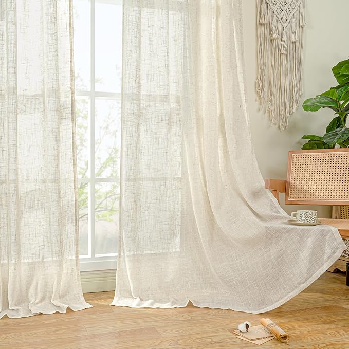 LAMIT 63 Inch Semi Sheer Linen Curtains, Light Filtering Panels Back Tab and Rod Pocket Neutral Drapes for Bedroom/Living Room, Natural, 2 Panels, 34 x 63 Inch