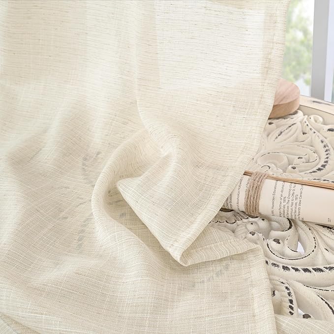 BGment Semi Sheer Linen Curtains 48 Inch Length for Windows, Beige Drapes Light Filtering for Short Bedroom Farmhouse Bathroom Cafe Decor Rustic Lightweight Rod Pocket, 2 Panels Set, 42 Inch Wide