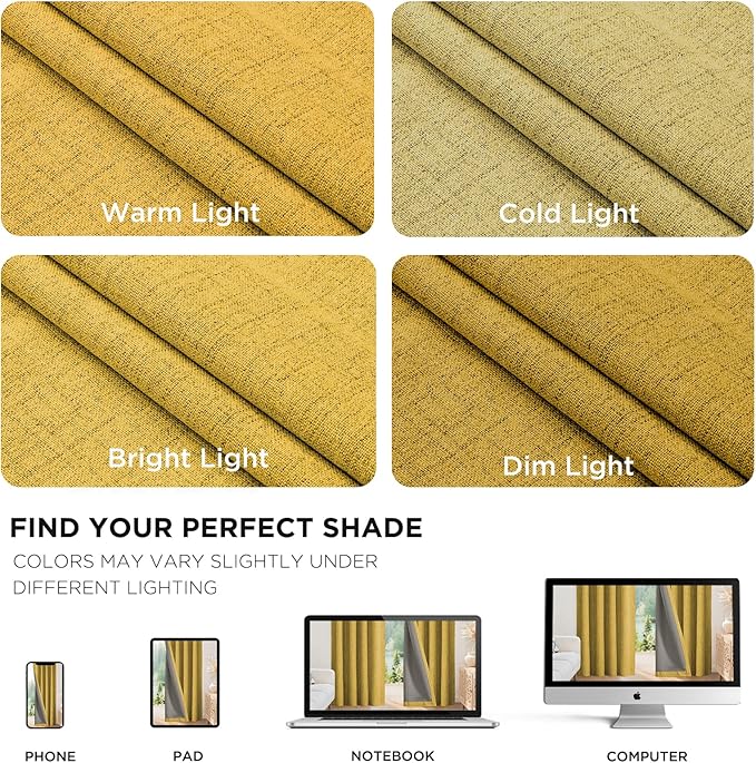 Joydeco Blackout Curtains for Bedroom - 100% Light Blocking 2 Panels Set Yellow Drapes 42"W x 108"L, Thermal Insulated Room Darkening Curtains, Linen Textured for Living Room, Rod Pocket & Back Tabs