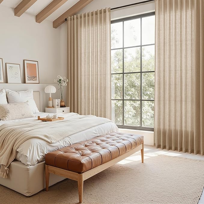 Nanspring Sand Beige Curtains 90 Inches Long for Living Room Linen Blend Semi Sheer Simple Modern Light Filtering Curtains Back Tab Privacy Burlap Textured Curtain for Bedroom Office 52x90, 2 Panels