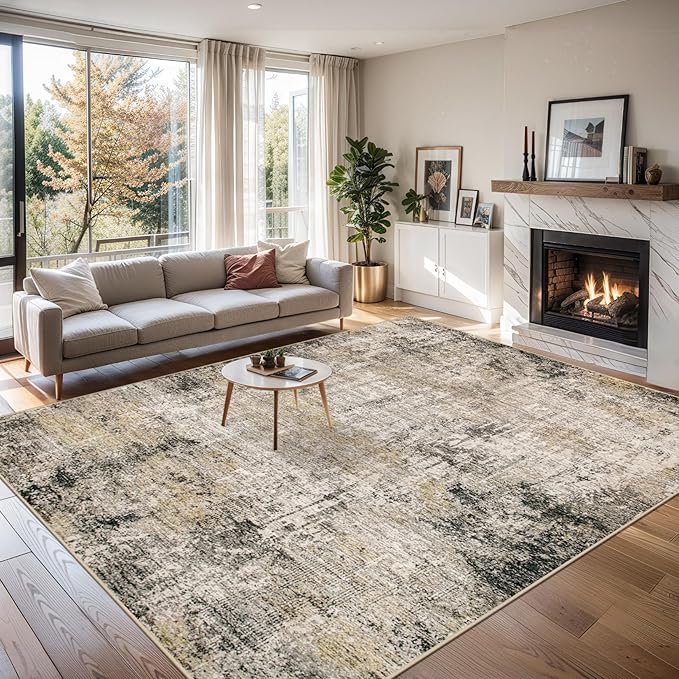 Area Rugs 10x12 Living Room - Washable Rug Modern Abstract Soft Large Neutral Non-Slip Carpet Indoor Floor Thin Carpets for Bedroom Dining Room Farmhouse Nursery Home Office Brown Black Grey