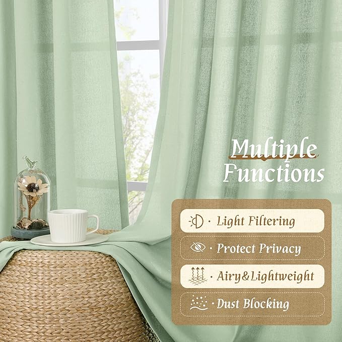 LAMIT Natural Linen Curtains for Bedroom, 72 Inch Faux Linen Textured Light Filtering Drapes Rod Pocket Window Treatment Panels for Living Room, Set of 2 Panels, 52 x 72 Inch, Light Green