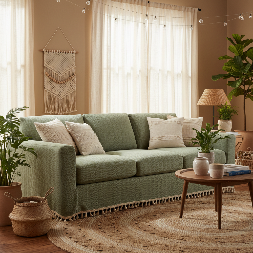 Boho Herringbone Sofa Slipcover on a Budget: How to Get That Chenille Tassel Look Without Spending $300
