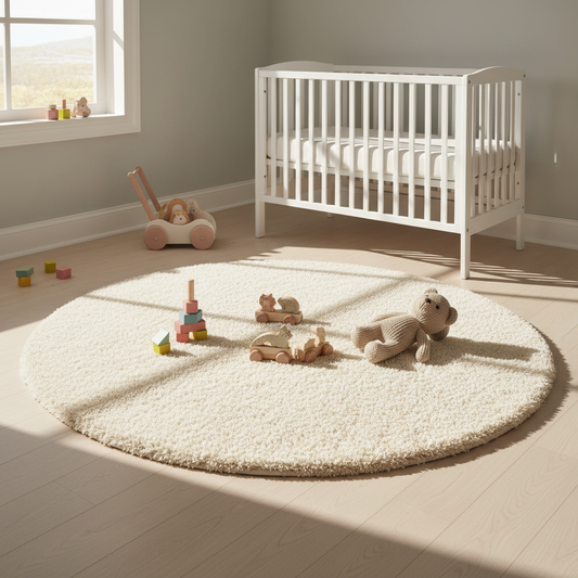 Fluffy Round Circle Rugs in the Nursery Playroom: Built for Sensory Play, Marketed to Decorating Parents
