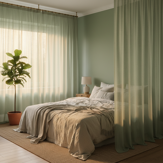 Light Control, Not Window Coverage: What Produces a Calm, Airy Atmosphere with Soft Sheer Voile Curtains in a Sage Green Bedroom