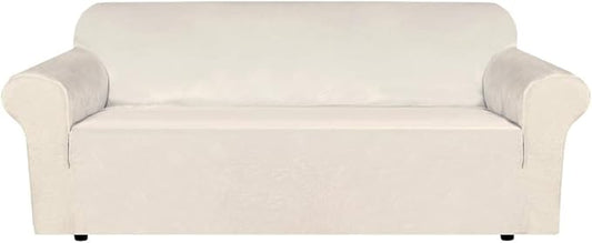 H.VERSAILTEX Stretch Velvet Sofa Covers for 3 Cushion Couch Covers Furniture Protector Soft with Non Slip Elastic Bottom, Crafted from Thick Comfy Rich Velour (Large Sofa 90"-97", Ivory)