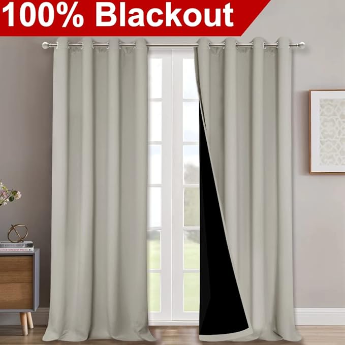 NICETOWN Full Shading Curtains for Windows, Super Heavy-Duty Black Lined Blackout Curtains for Bedroom, Privacy Assured Window Treatment (Natural, Pack of 2, 52 inches W x 95 inches L)