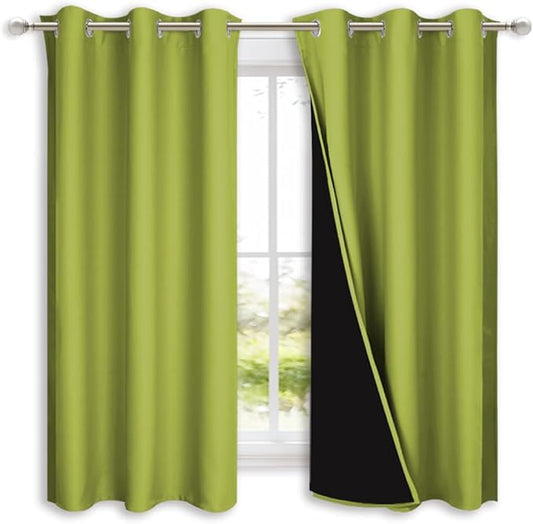 NICETOWN 100% Blackout Short Curtains with Black Liners, 2 Panels, 37" W by 40" L, Fresh Green, Solid Thermal Insulated Full Blackout 2-Layer Lined Drapes, Energy Efficiency Window Drapes for Bedroom