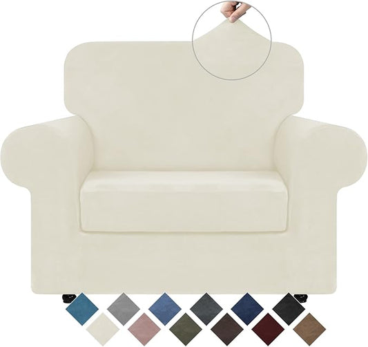 WEERRW Stretch Chair Sofa Slipcover - 2 Pieces Luxury Soft Plush Couch Cover Furniture Protector with Elastic Bottom for Pets, Machine Washable, Ivory, Small