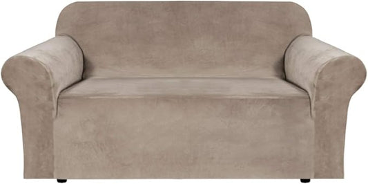 H.VERSAILTEX Stretch Velvet Loveseat Covers for 2 Cushion Couch Covers for Living Room Sofa Covers Slipcovers with Non Slip Straps Bottom, Ultra Thick Comfy Velour (Width 58"-72", Taupe)