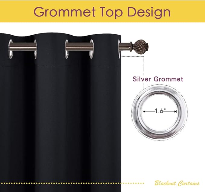 NICETOWN Bathroom Blackout Curtains and Drapes, Black Solid Thermal Insulated Grommet Blackout Drapery Panels for Window (2 Panels, 70 inches Wide by 95 inches Long, Black)