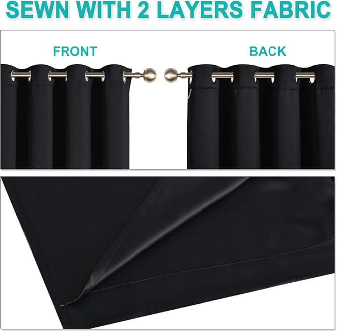 NICETOWN Complete 100% Blackout Curtain Set, Thermal Insulated & Energy Efficiency Window Draperies with Black Liner, Noise Reducing Short Curtains for Kids Room (Black, 37"W by 63"L, Double Panels)