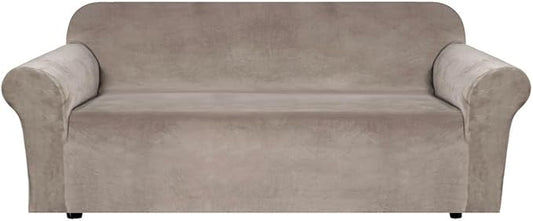 H.VERSAILTEX Stretch Velvet Sofa Covers for 3 Cushion Couch Covers Furniture Protector Soft with Non Slip Elastic Bottom, Crafted from Thick Comfy Rich Velour (Large Sofa 90"-97", Taupe)