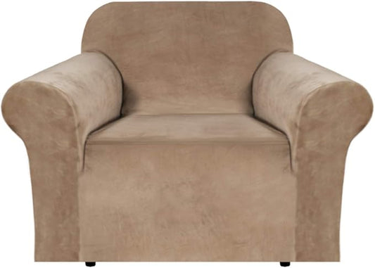 H.VERSAILTEX Stretch Velvet Armchair Cover Couch Covers 1 Cushion Chair Slipcover for Living Room Furniture Cover Crafted from Thick Comfy Rich Velour (Chair 31"-49", Camel)