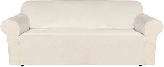 H.VERSAILTEX Stretch Velvet Sofa Covers for 3 Cushion Couch Covers Sofa Slipcovers Furniture Protector Soft with Non Slip Elastic Bottom, Crafted from Thick Comfy Rich Velour (Sofa 72"-90", Ivory)