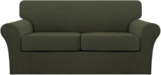 Turquoize 3 Piece Sofa Covers for 2 Cushion Couch Sofa Slipcover Soft Couch Cover for Dogs-Washable Sofa Furniture Cover with 2 Individual Cushion Covers, Feature Fabric (2 Cushion Sofa, Olive)