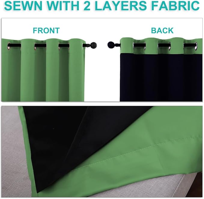 NICETOWN 100% Blackout Curtains with Black Liners, Forest Green, 2 Panels, 52-inch W by 63-inch L, Thermal Insulated Full Blackout 2-Layer Lined Drapes, Energy Efficiency Window Draperies for Bedroom