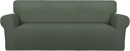 PureFit Super Stretch Sofa Slipcover – Spandex Non Slip Soft Couch Sofa Cover, Washable Furniture Protector with Non Skid Foam and Elastic Bottom for Kids, Pets （Sofa, Grayish Green）