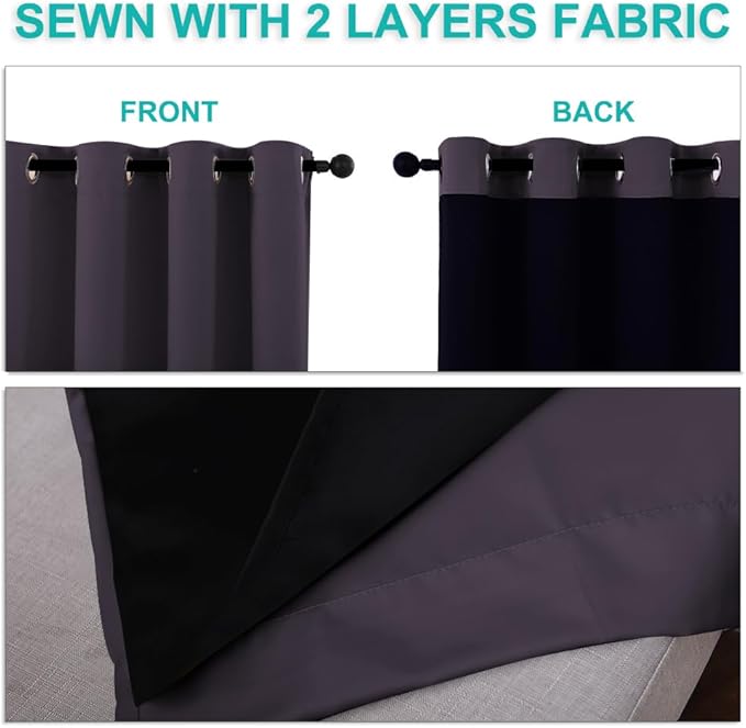 NICETOWN 100% Blackout Short Curtains with Black Liners, 2 Panels, 37" W by 50" L, Greyish Purple, Thermal Insulated Full Blackout 2-Layer Lined Drapes, Energy Efficiency Window Drapes for Bedroom