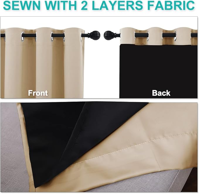 NICETOWN Thermal Insulated 100% Blackout Curtains, Biscotti Beige, 1 Pair, 52 inches x 102 inches, Sound Proof Drapes with Black Backing, Full Light Blocking Panels for Patio Sliding Door