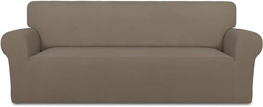 PureFit Super Stretch Sofa Slipcover – Spandex Non Slip Soft Couch Sofa Cover, Washable Furniture Protector with Non Skid Foam and Elastic Bottom for Kids, Pets （Oversized Sofa, Natural）