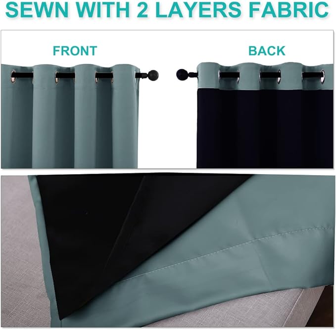 NICETOWN Aqua 100% Blackout Curtains for Windows, Super Heavy-Duty Black Lined Total Darkness Drapes for Bedroom, Privacy Assured Window Treatment for Patio (Pack of 2, 52 inches W x 108 inches L)