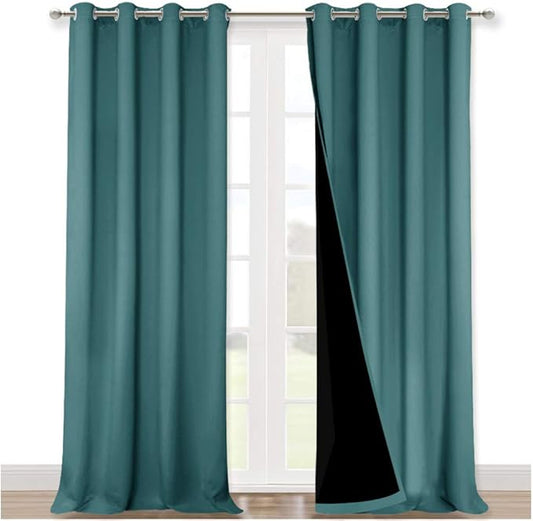 NICETOWN 100% Blackout Curtains for Windows, Pack of 2, Sea Teal, 52" W x 102" L, Super Heavy-Duty Black Lined Total Darkness Drapes for Bedroom, Privacy Assured Window Treatment for Patio