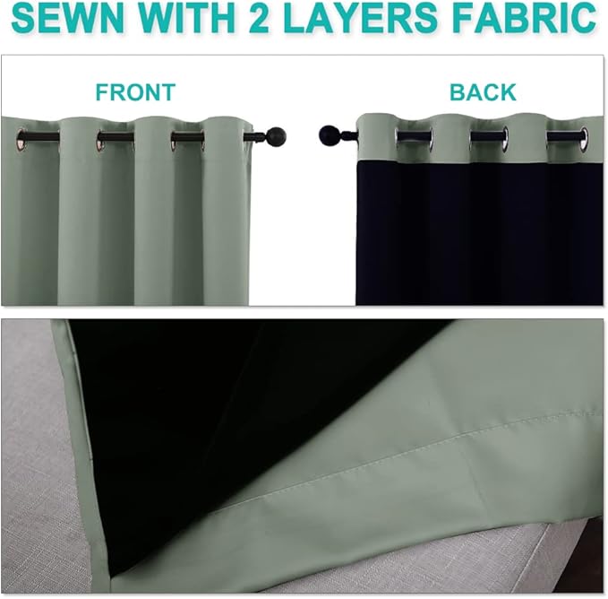 NICETOWN 100% Blackout Window Curtain Panels, Full Light Blocking Drapes with Black Liner for Nursery, 72-inch Drop Thermal Insulated Draperies (Greyish Green, 2 Pieces, 70-inch Wide Per Panel)