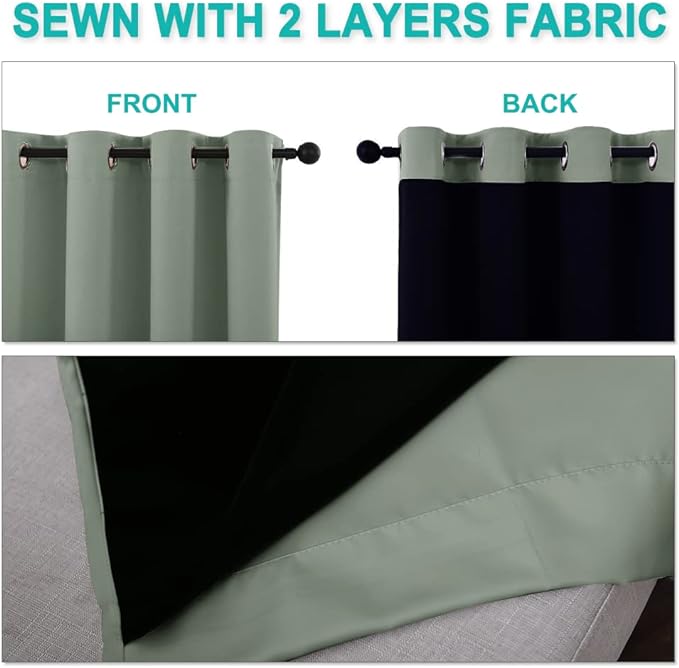 NICETOWN Full Shading Curtains for Windows, Super Heavy-Duty Black Lined Blackout Curtains for Bedroom, Privacy Assured Window Treatment (Greyish Green, Pack of 2, 52 inches W x 95 inches L)